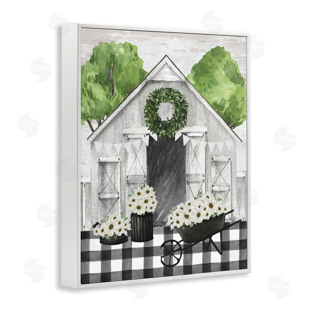 Lettered and Lined Plaid Barn with Floral Wagon White Framed Giclee Wall Art Print