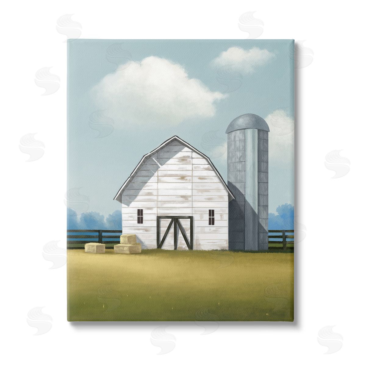Lucca Sheppard White Barn with Hay Stacks Stretched Canvas Wall Art Print