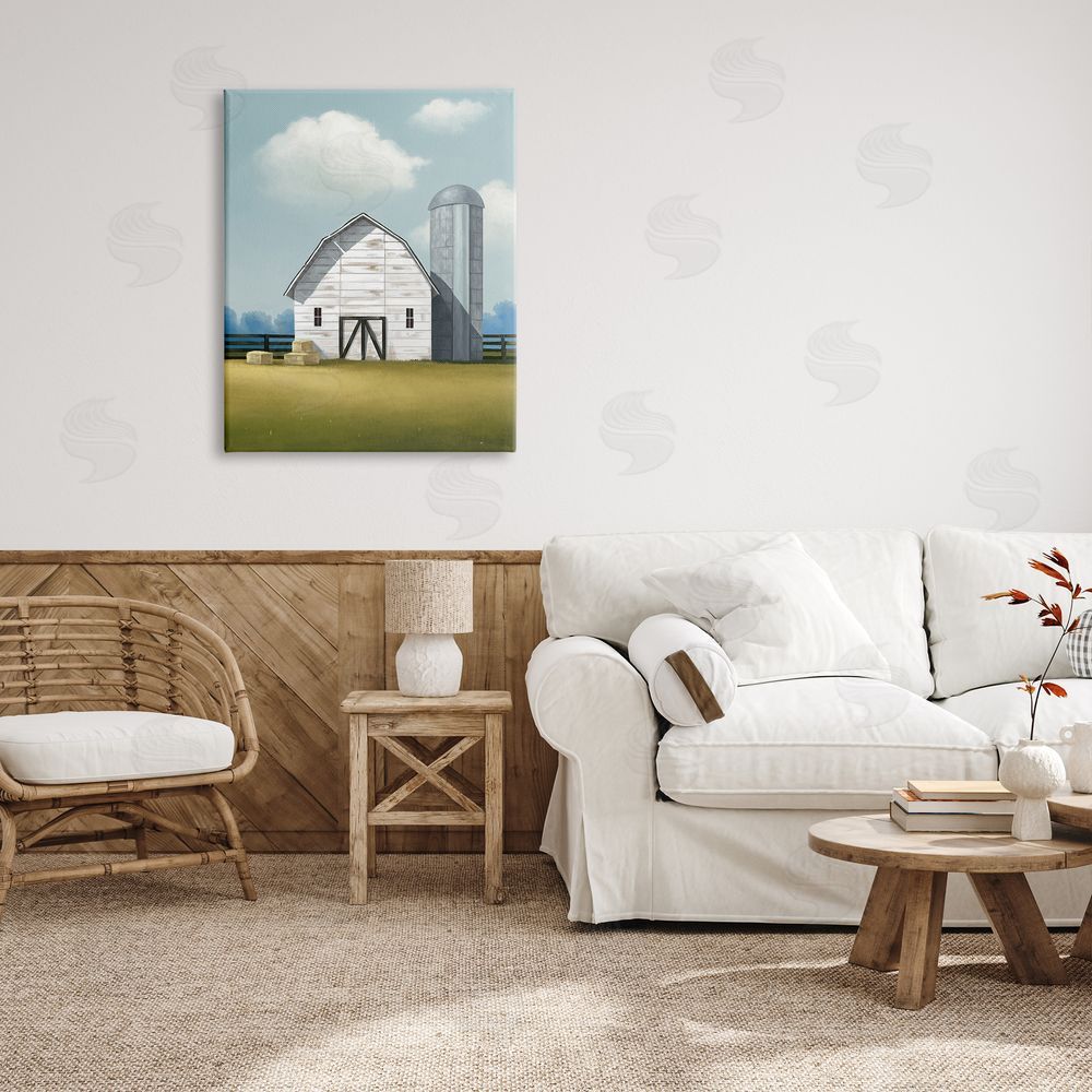 Lucca Sheppard White Barn with Hay Stacks Canvas Wall Art Print in Room