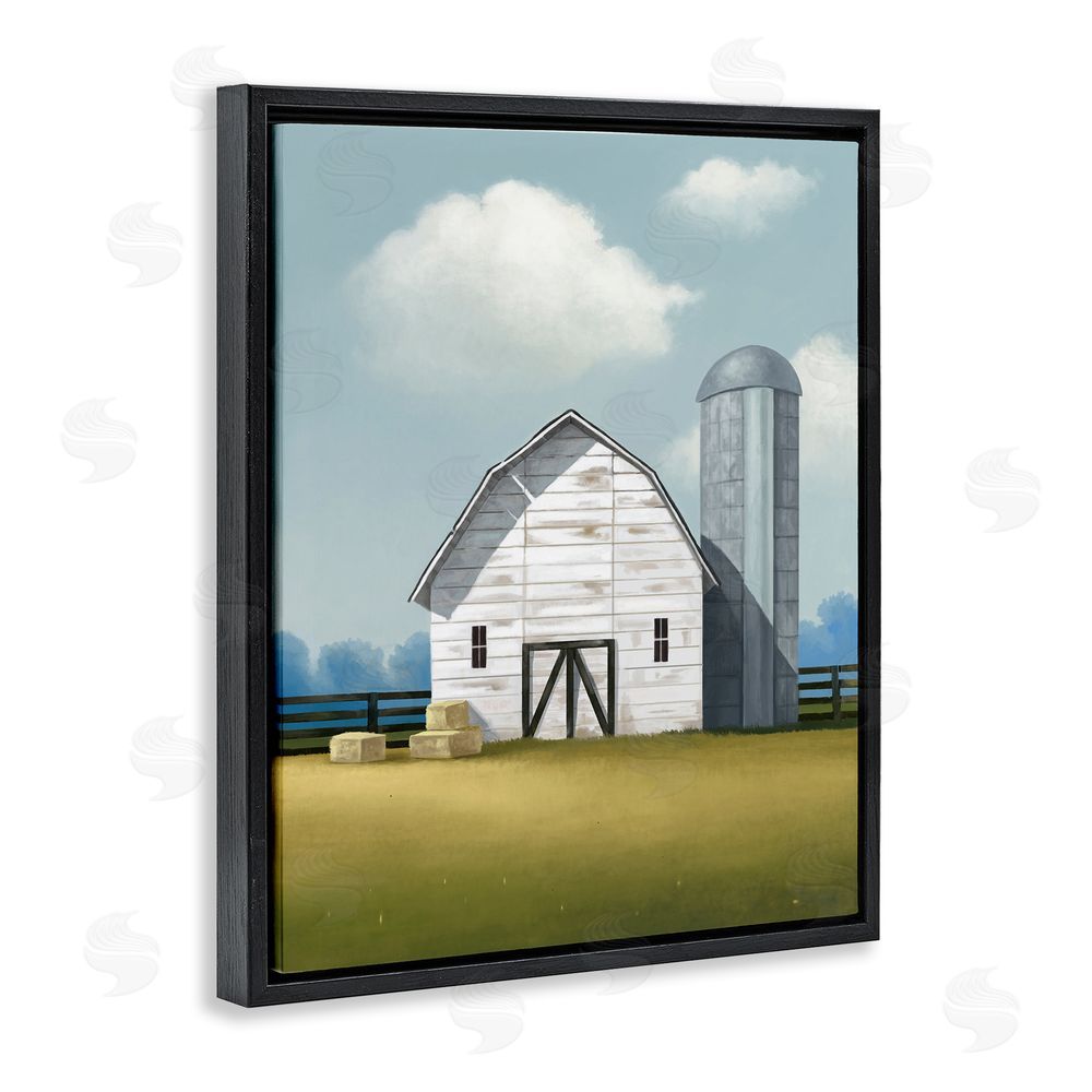 Lucca Sheppard White Barn with Hay Stacks Black Floating Frame Canvas Wall Art Print