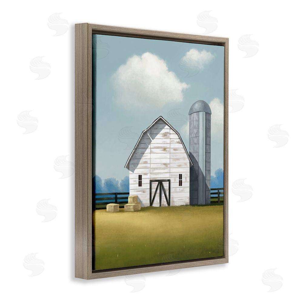 Lucca Sheppard White Barn with Hay Stacks Brown Floating Frame Canvas Wall Art Print