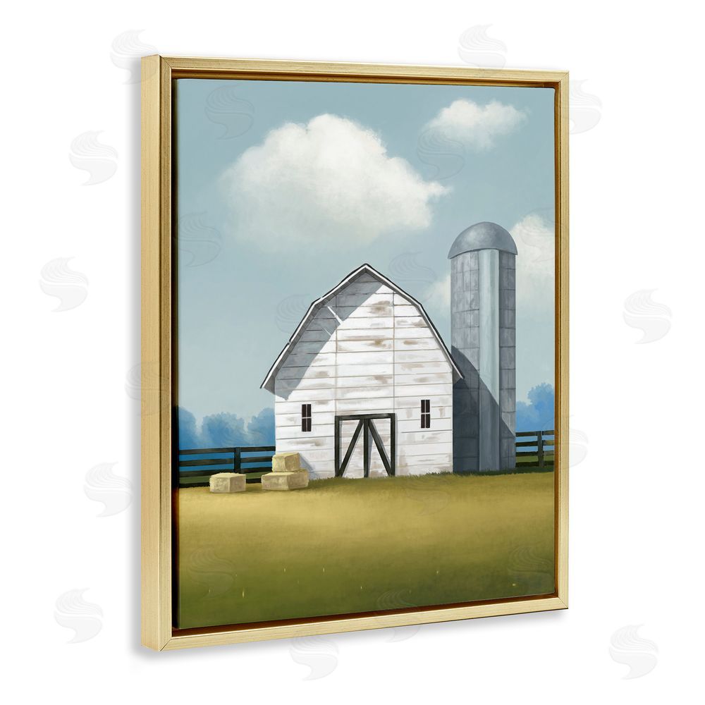 Lucca Sheppard White Barn with Hay Stacks Gold Floating Frame Canvas Wall Art Print