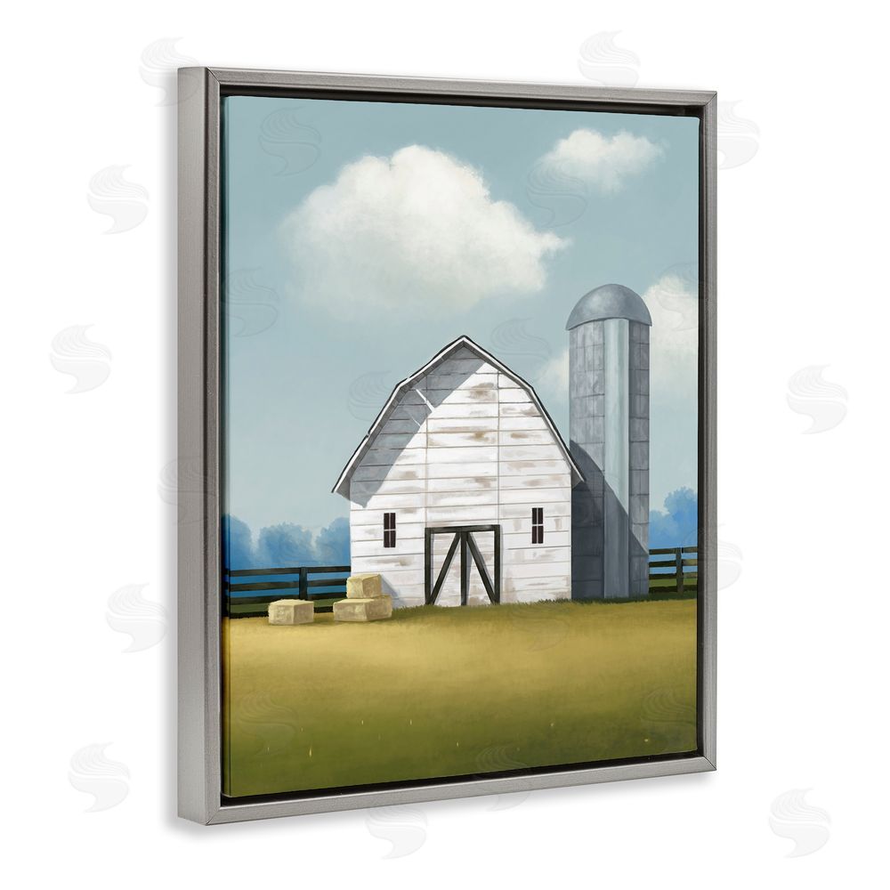 Lucca Sheppard White Barn with Hay Stacks Grey Floating Frame Canvas Wall Art Print