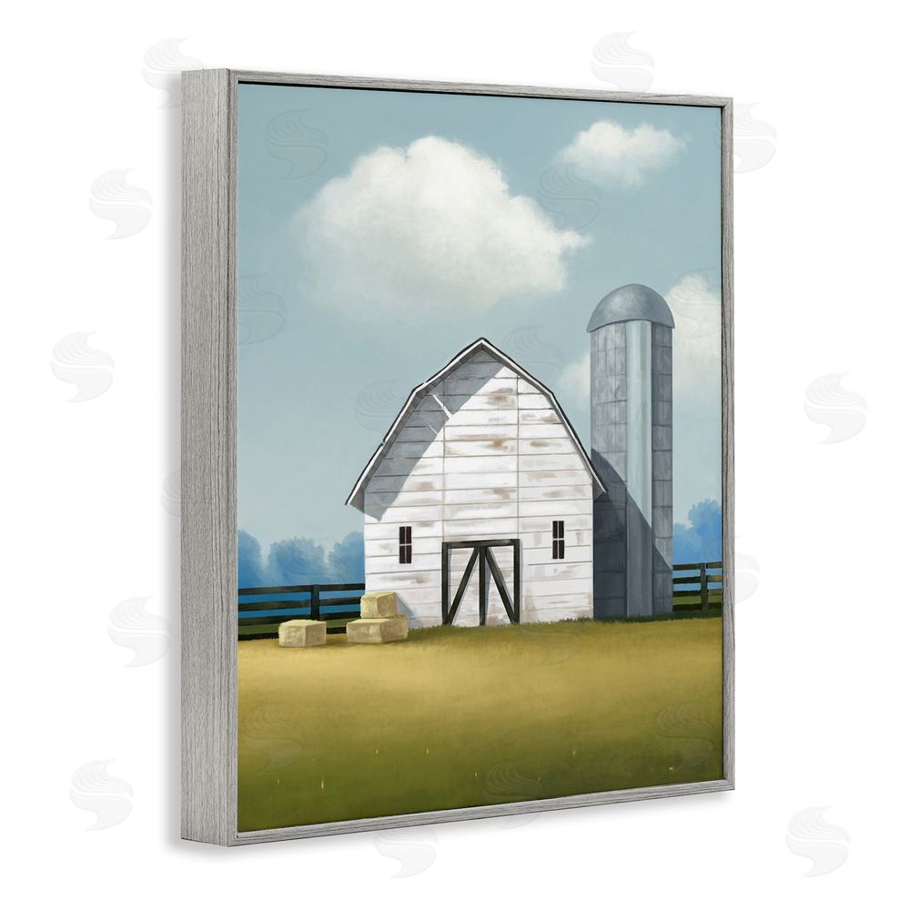 Lucca Sheppard White Barn with Hay Stacks Gray Framed Giclee Wall Art Print