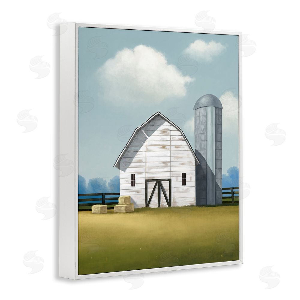 Lucca Sheppard White Barn with Hay Stacks White Framed Giclee Wall Art Print