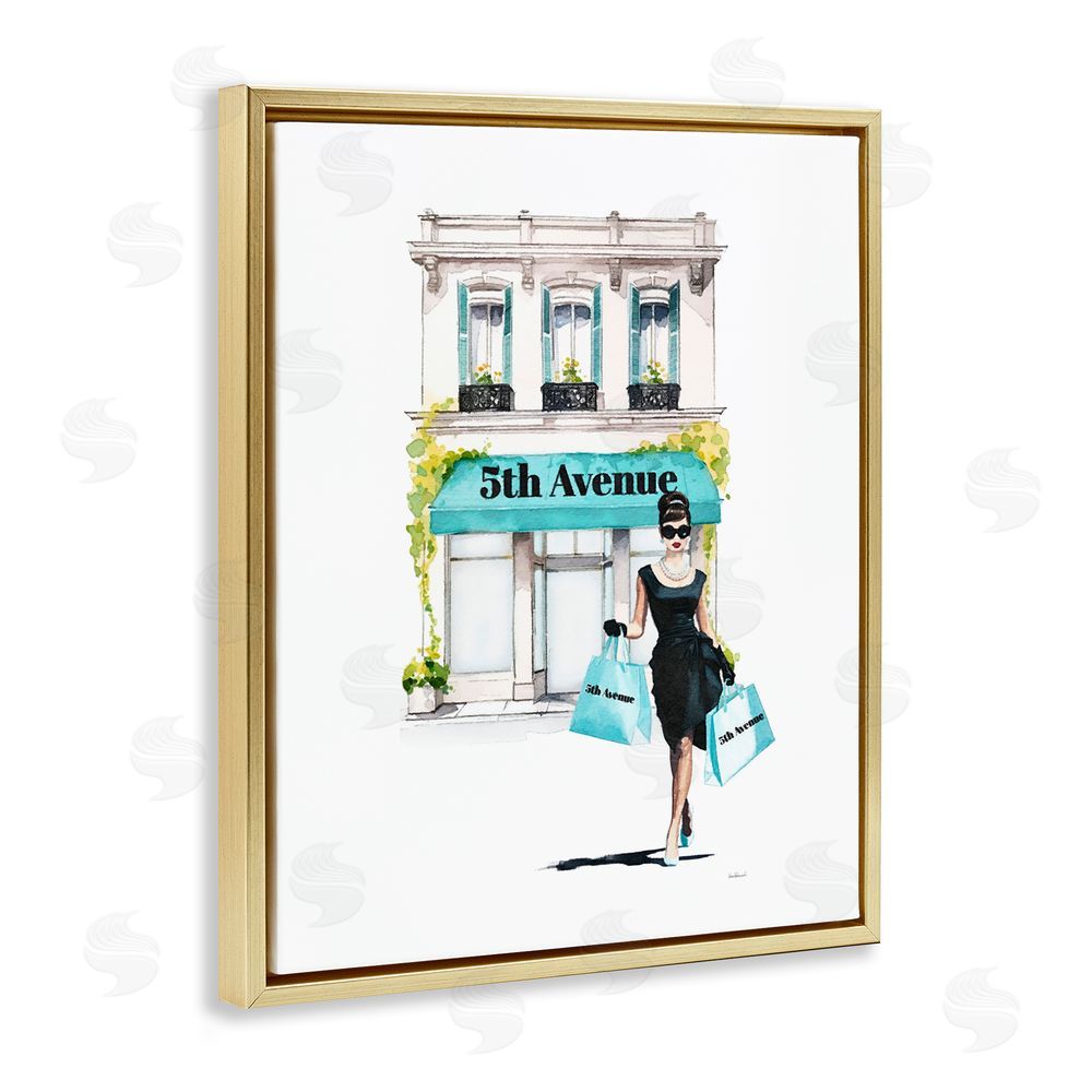 Amanda Greenwood Fashionista with Shopping Bags Gold Floating Frame Canvas Wall Art Print
