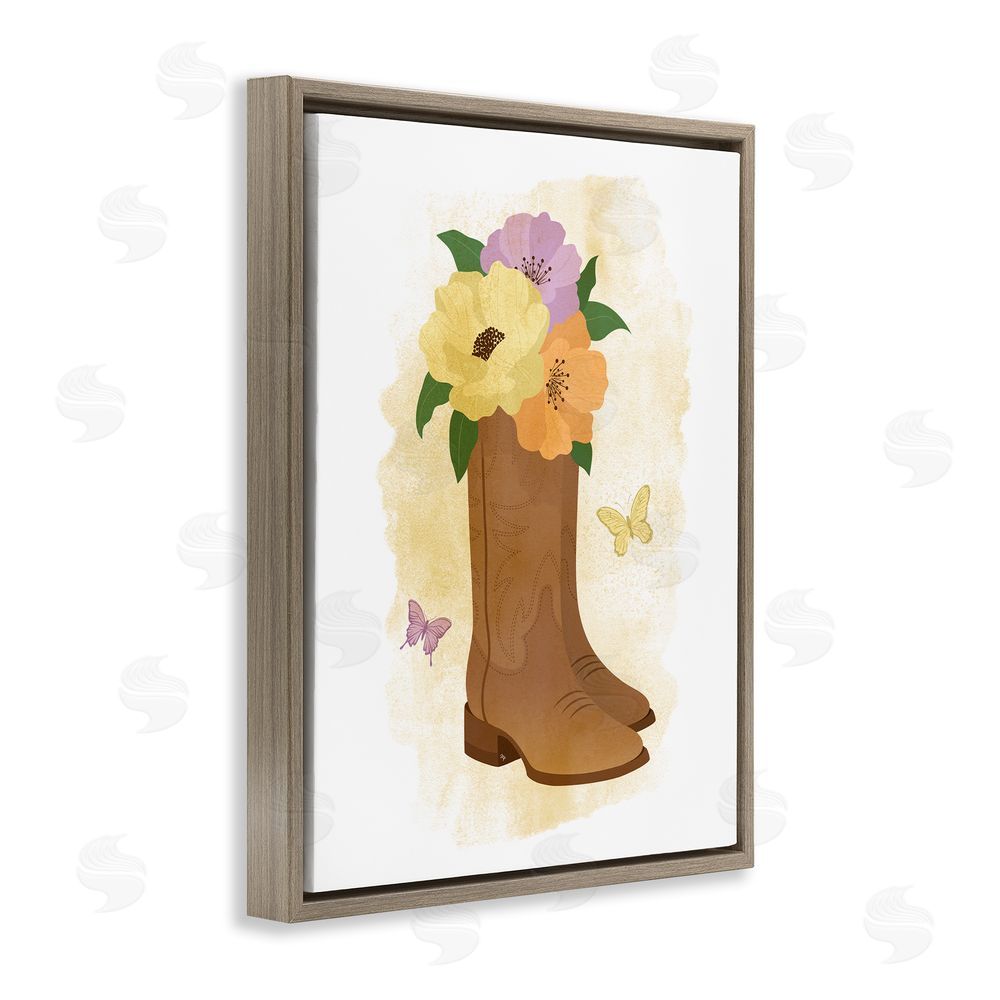 Martina Pavlova Blooming Country Boots Brown Floating Frame Canvas Wall Art Print