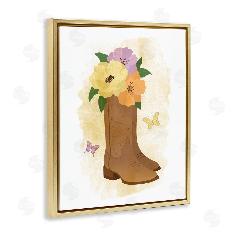 Martina Pavlova Blooming Country Boots Gold Floating Frame Canvas Wall Art Print