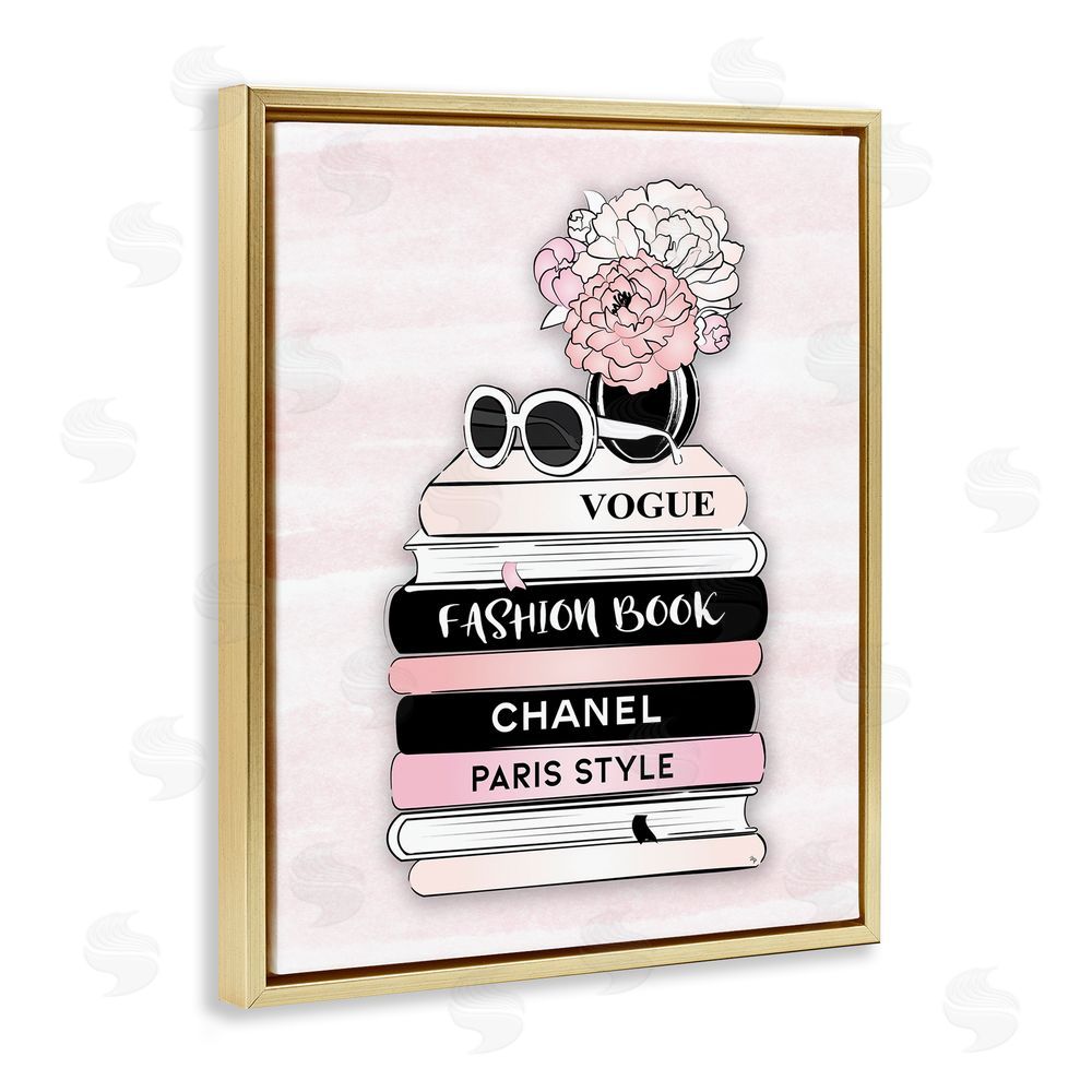 Martina Pavlova Pink Fashion Bookstack Gold Floating Frame Canvas Wall Art Print
