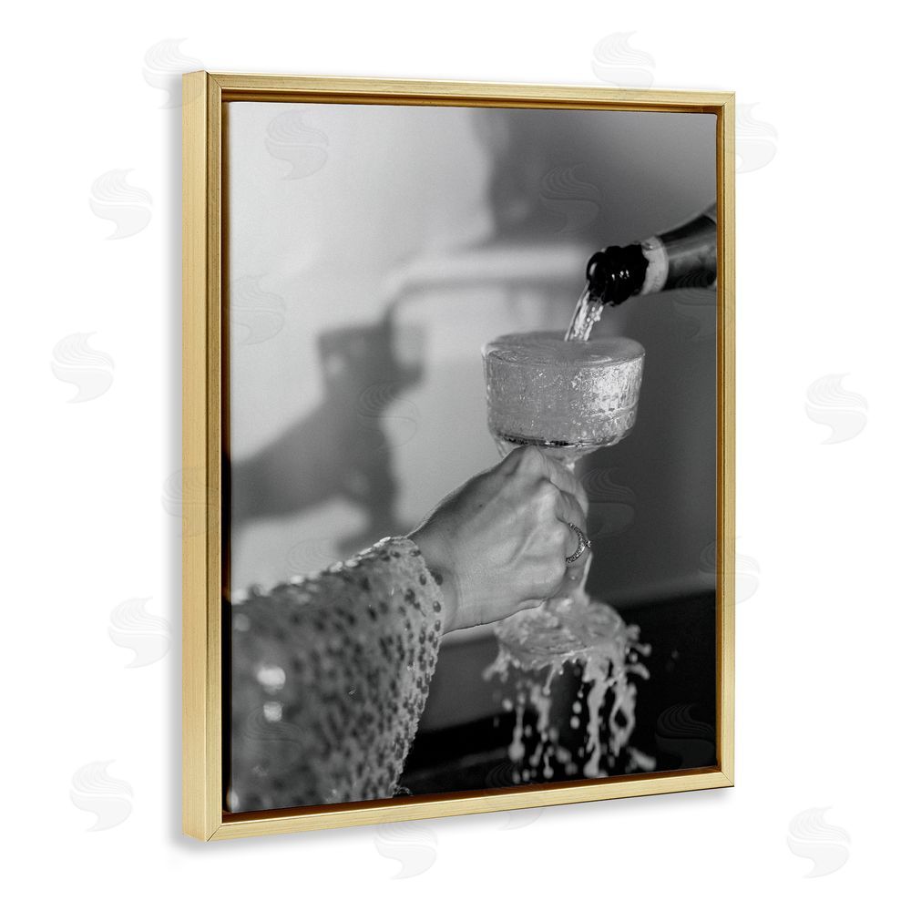 House of Lulu Classy Champagne Pour Splash Gold Floating Frame Canvas Wall Art Print