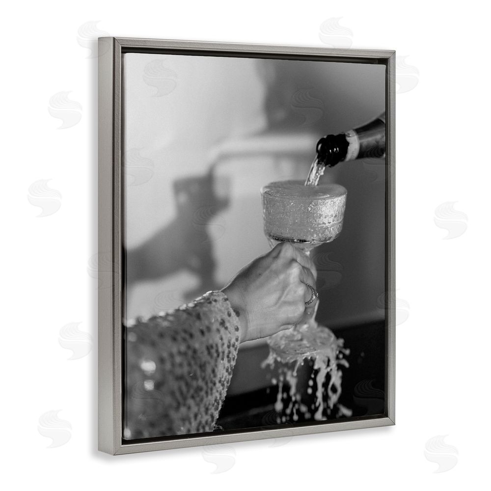House of Lulu Classy Champagne Pour Splash Grey Floating Frame Canvas Wall Art Print