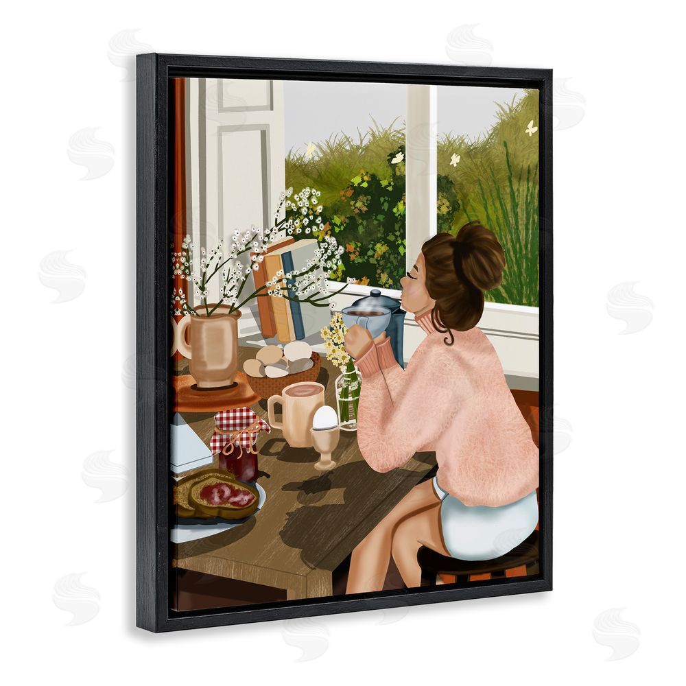 Saba Rauf Girl with Cozy Breakfast Black Floating Frame Canvas Wall Art Print