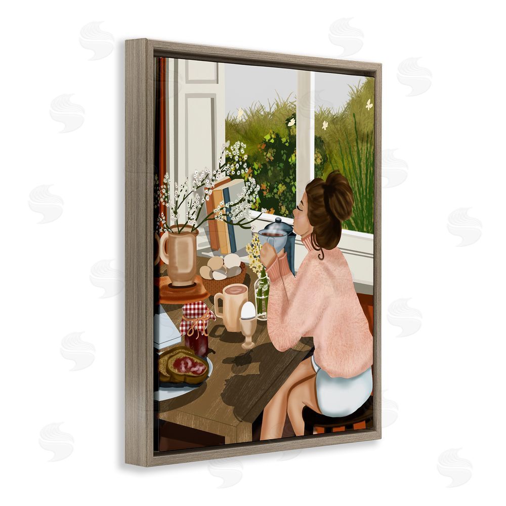 Saba Rauf Girl with Cozy Breakfast Brown Floating Frame Canvas Wall Art Print