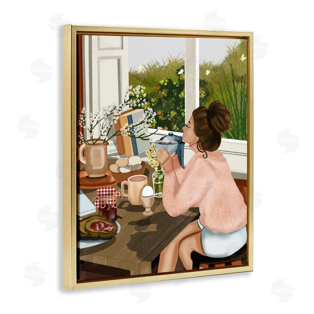 Saba Rauf Girl with Cozy Breakfast Gold Floating Frame Canvas Wall Art Print