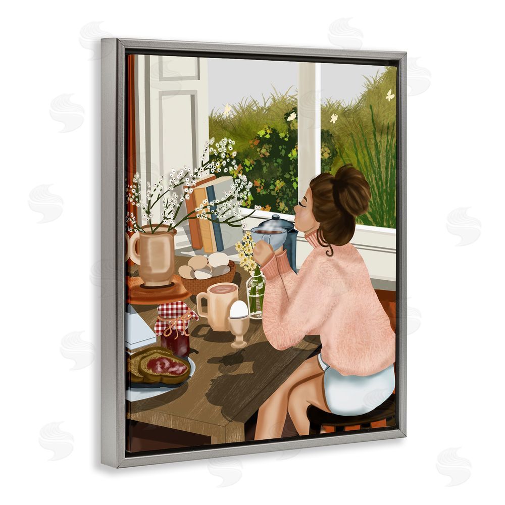 Saba Rauf Girl with Cozy Breakfast Grey Floating Frame Canvas Wall Art Print