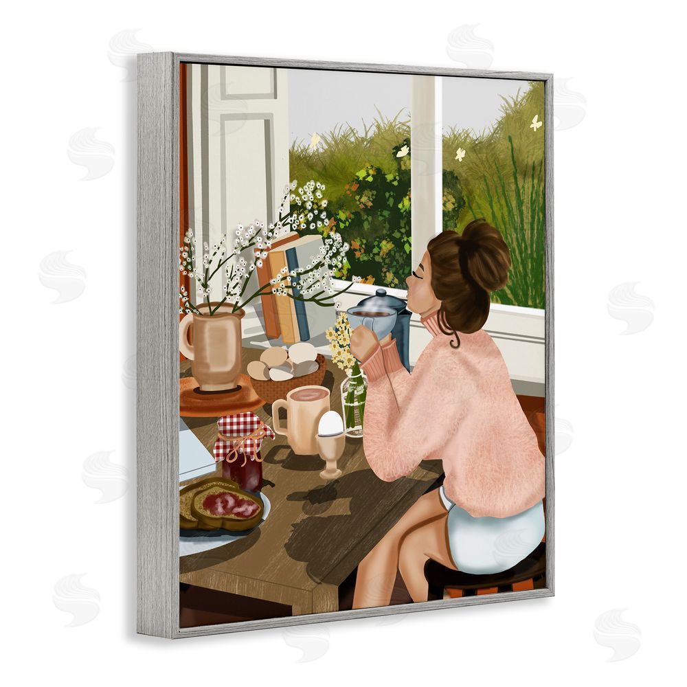 Saba Rauf Girl with Cozy Breakfast Gray Framed Giclee Wall Art Print