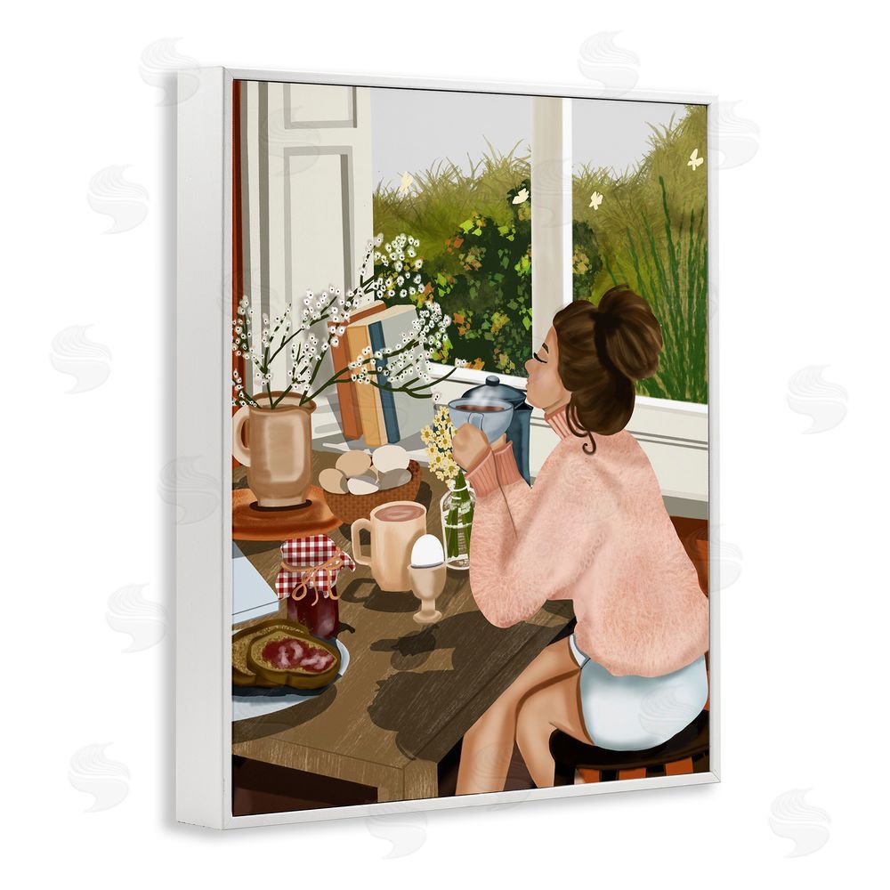 Saba Rauf Girl with Cozy Breakfast White Framed Giclee Wall Art Print