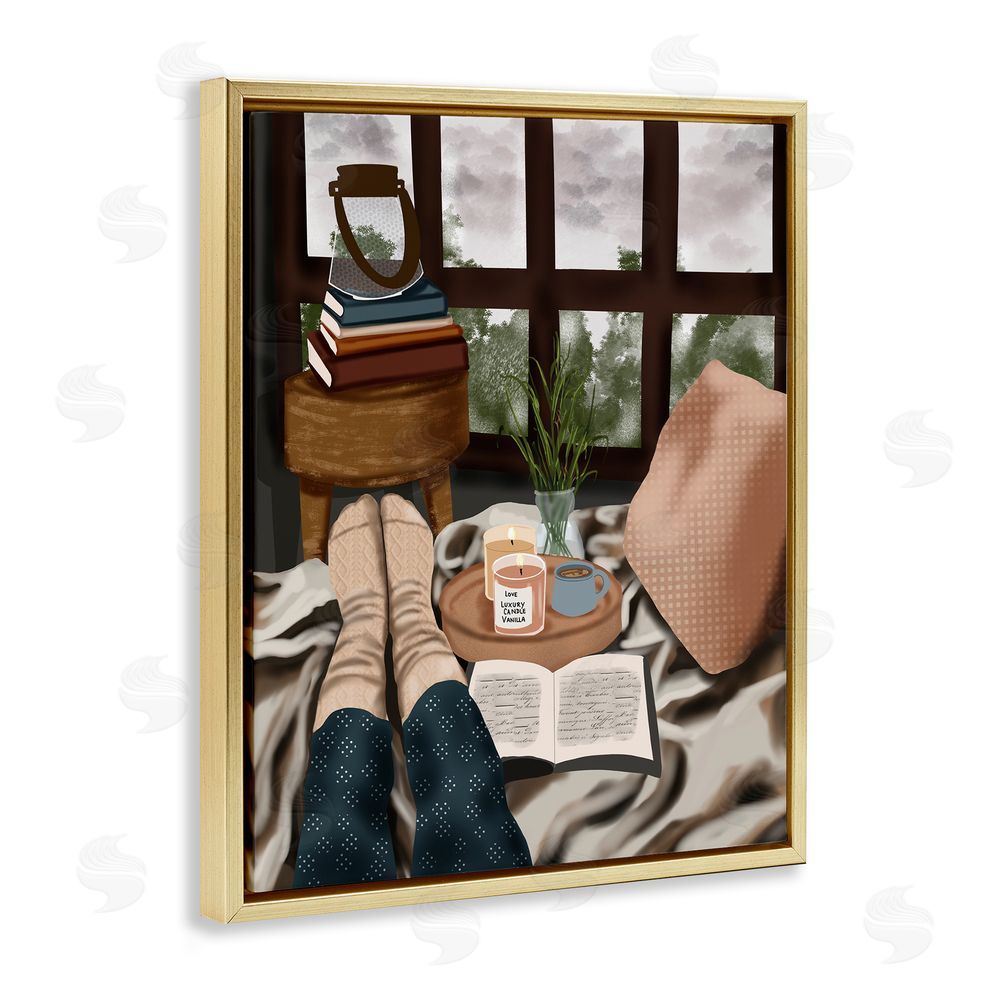 Saba Rauf Relaxing Reading in Bed Gold Floating Frame Canvas Wall Art Print