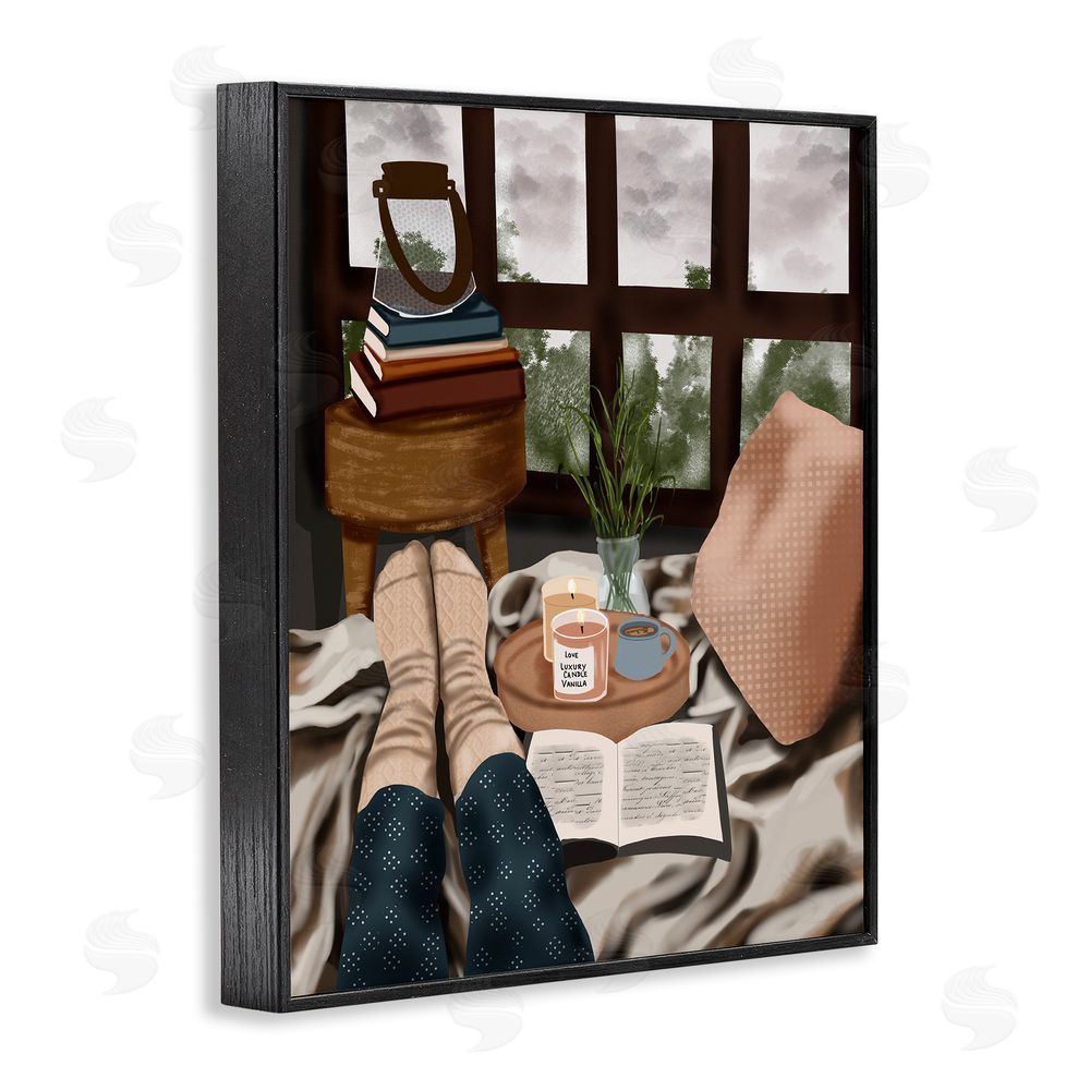 Saba Rauf Relaxing Reading in Bed Black Framed Giclee Wall Art Print