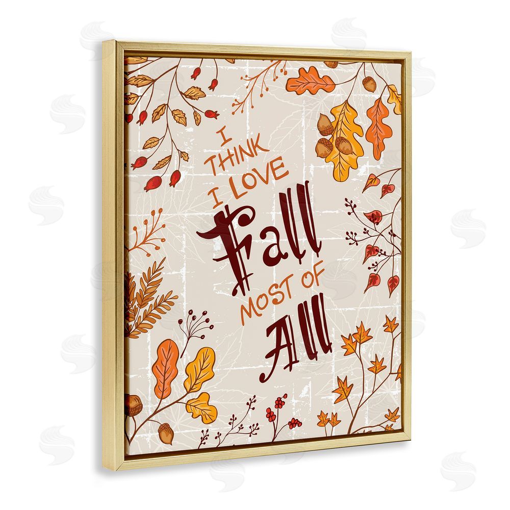 Diane Labombarbe Love Fall Leaf Border Gold Floating Frame Canvas Wall Art Print