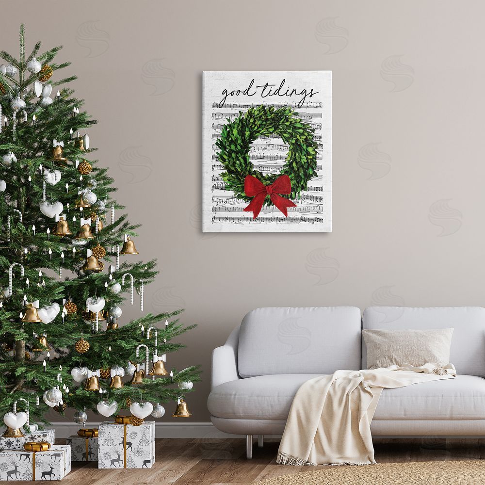 Lettered and Lined Good Tidings Holiday Wreath Canvas Wall Art Print in Room