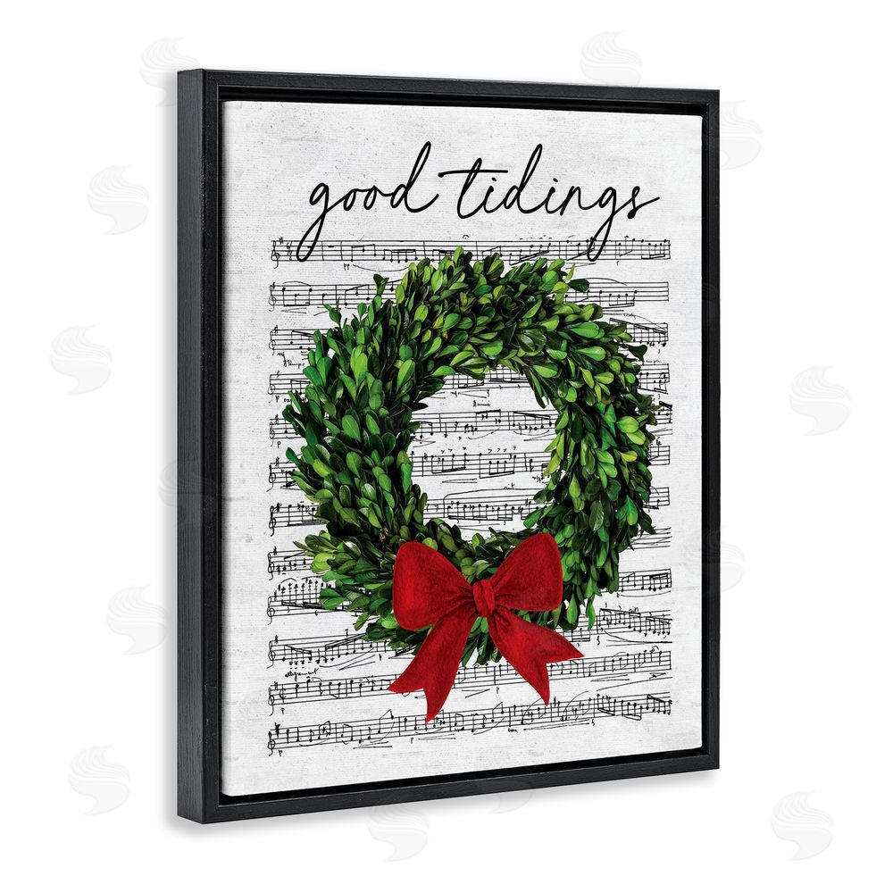 Lettered and Lined Good Tidings Holiday Wreath Black Floating Frame Canvas Wall Art Print