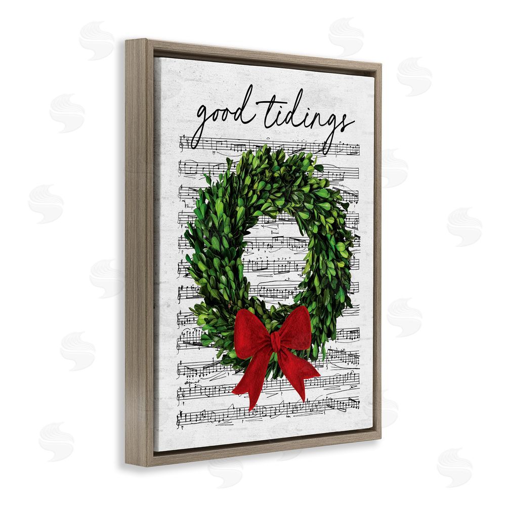 Lettered and Lined Good Tidings Holiday Wreath Brown Floating Frame Canvas Wall Art Print