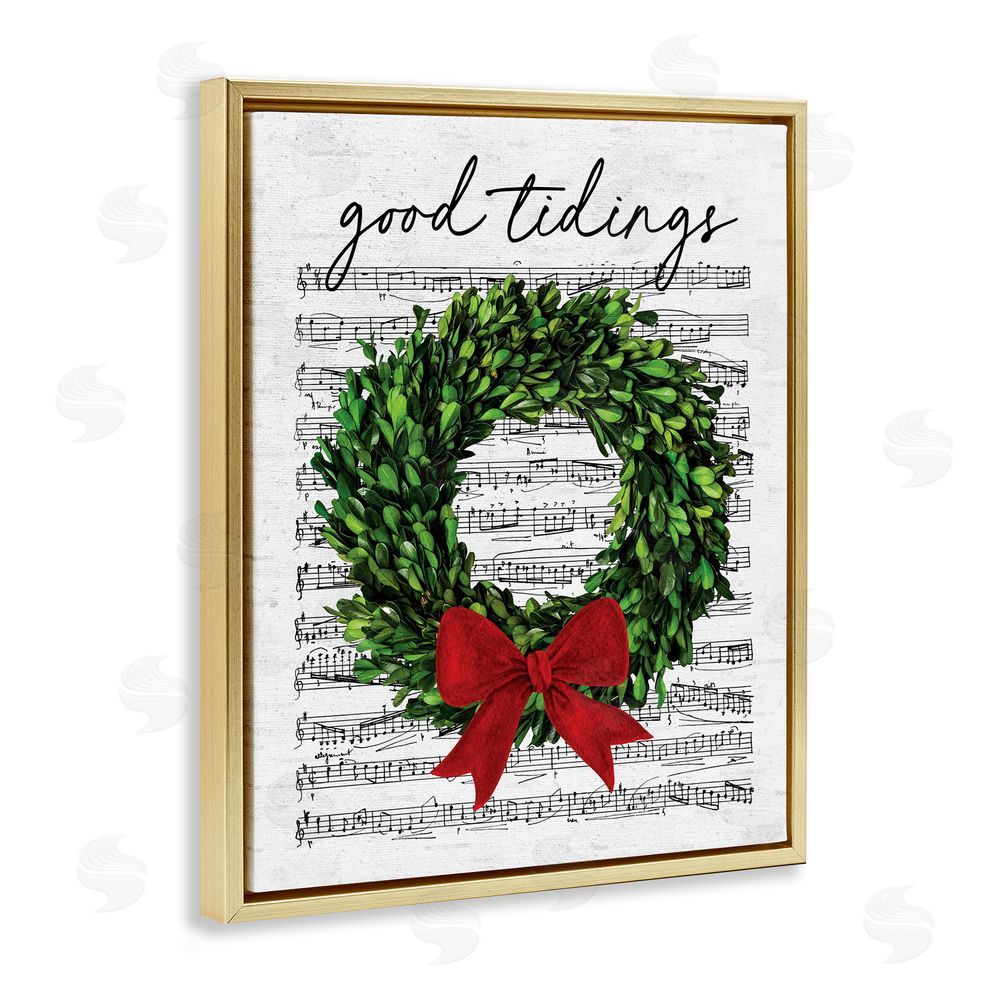 Lettered and Lined Good Tidings Holiday Wreath Gold Floating Frame Canvas Wall Art Print
