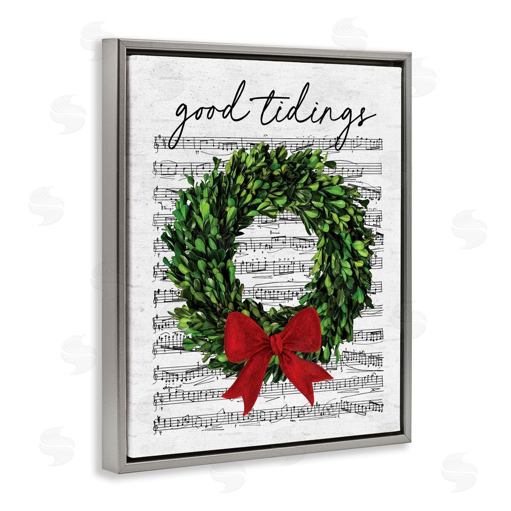 Lettered and Lined Good Tidings Holiday Wreath Grey Floating Frame Canvas Wall Art Print