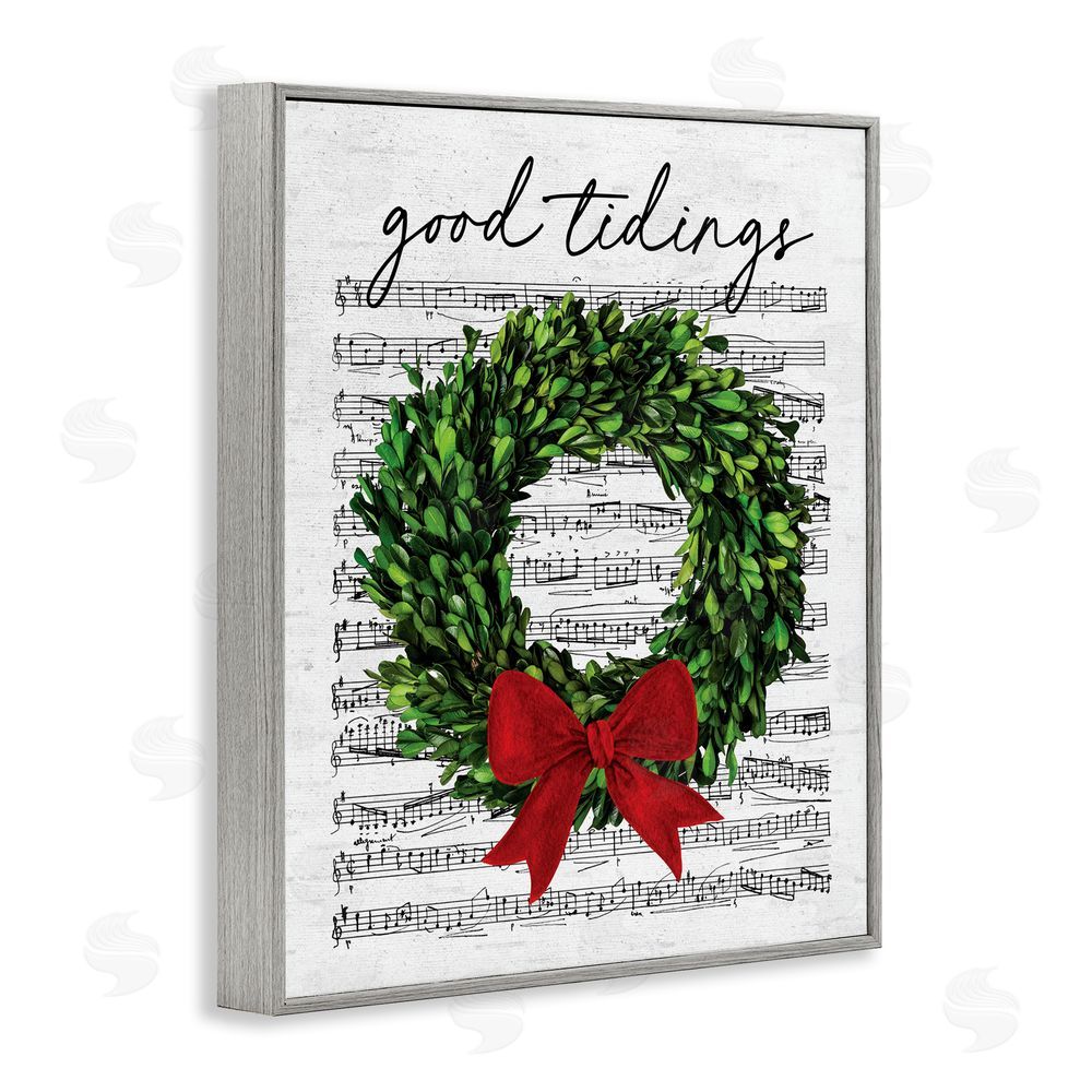 Lettered and Lined Good Tidings Holiday Wreath Gray Framed Giclee Wall Art Print