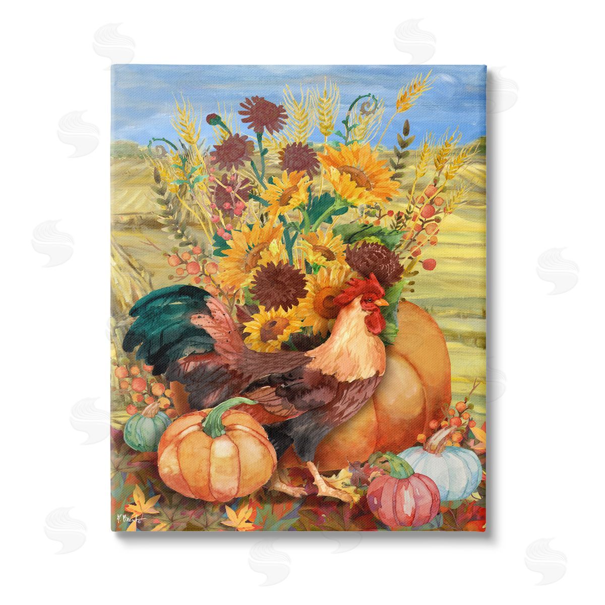 Paul Brent Autumnal Rooster & Sunflowers Stretched Canvas Wall Art Print