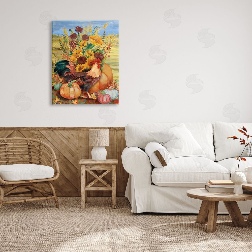 Paul Brent Autumnal Rooster & Sunflowers Canvas Wall Art Print in Room
