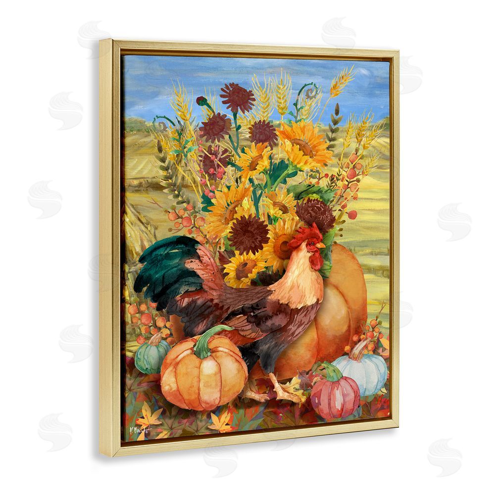 Paul Brent Autumnal Rooster & Sunflowers Gold Floating Frame Canvas Wall Art Print