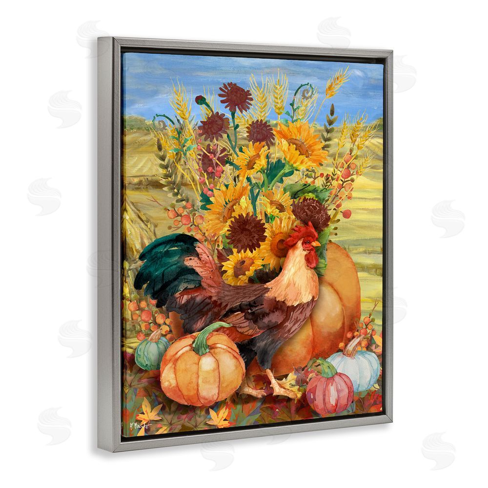 Paul Brent Autumnal Rooster & Sunflowers Grey Floating Frame Canvas Wall Art Print