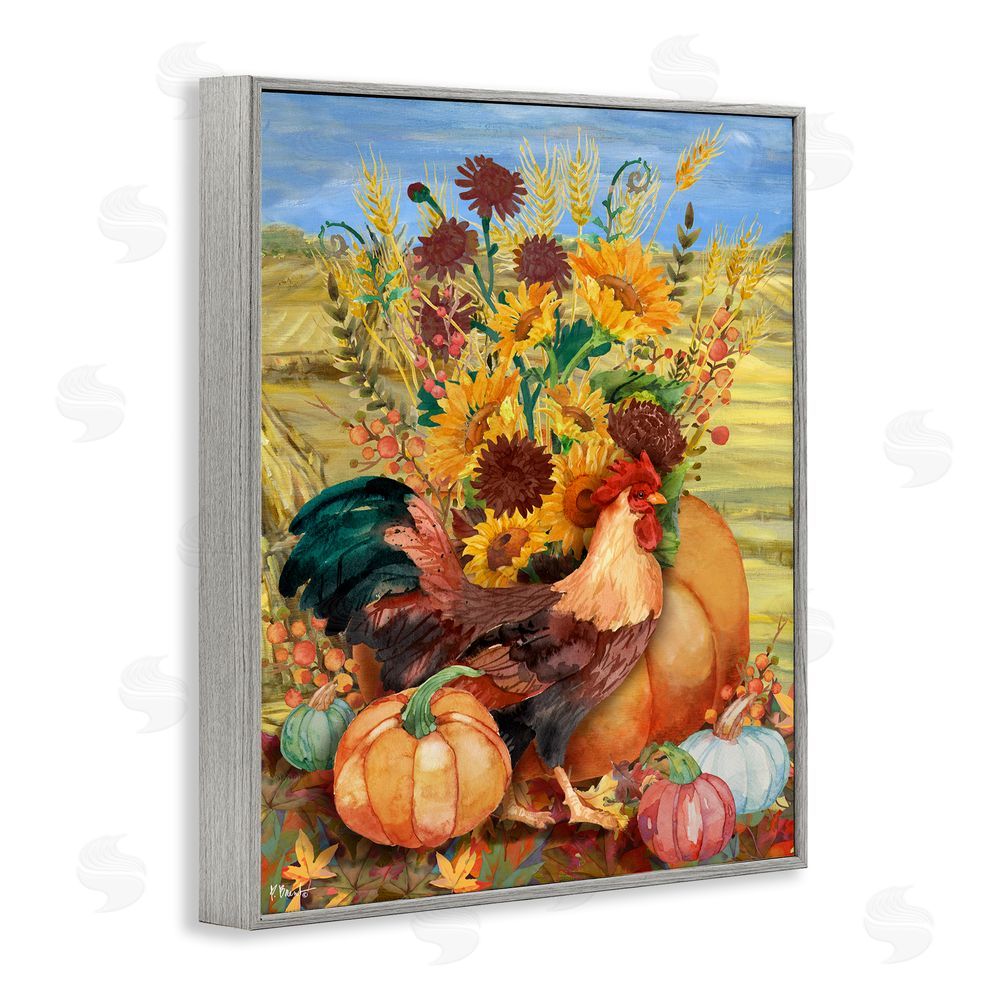 Paul Brent Autumnal Rooster & Sunflowers Gray Framed Giclee Wall Art Print