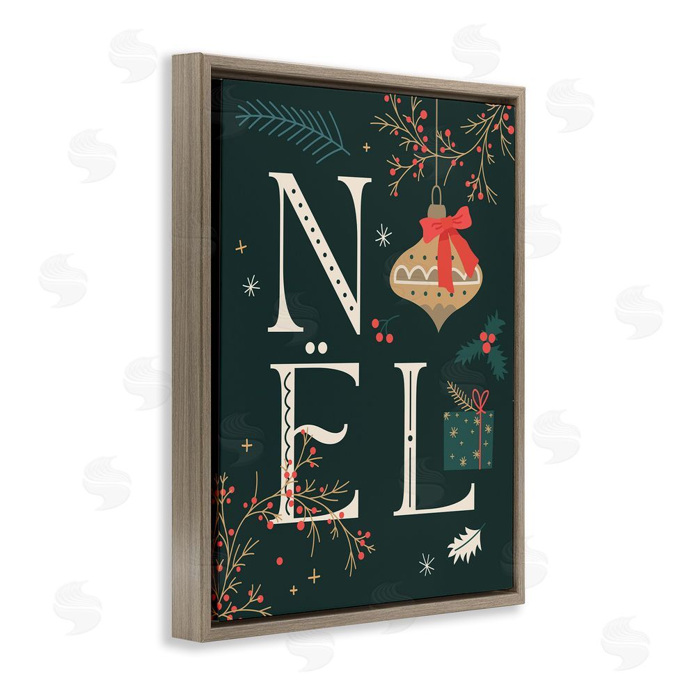 Stupell Studio Noel with Holiday Ornament Brown Floating Frame Canvas Wall Art Print