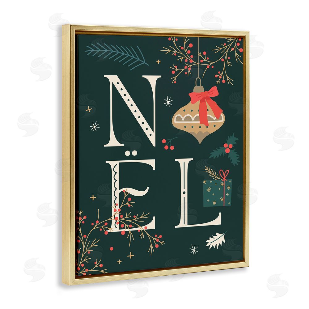Stupell Studio Noel with Holiday Ornament Gold Floating Frame Canvas Wall Art Print