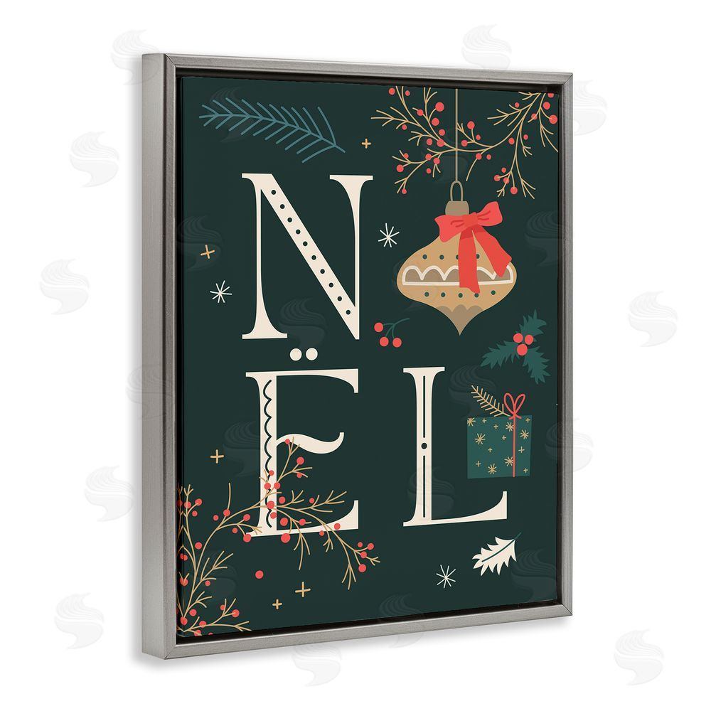 Stupell Studio Noel with Holiday Ornament Grey Floating Frame Canvas Wall Art Print