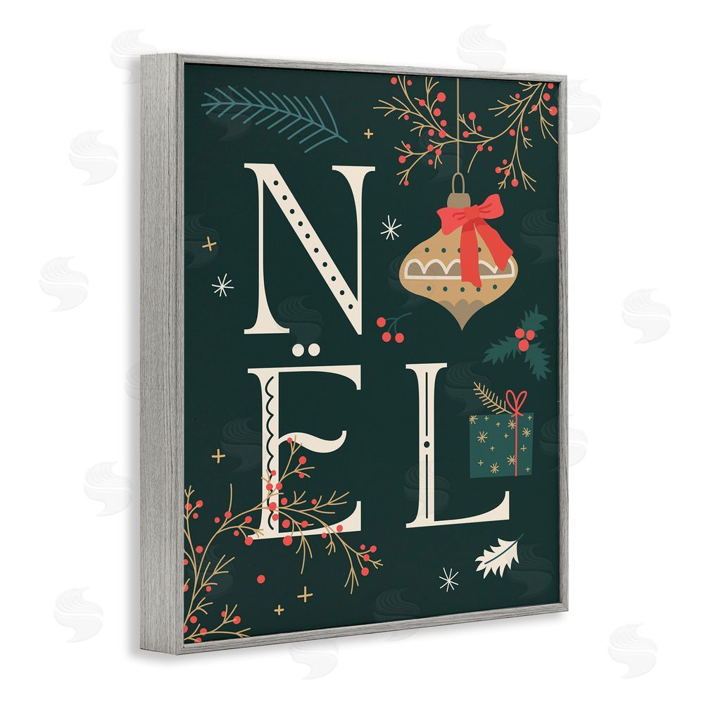 Stupell Studio Noel with Holiday Ornament Gray Framed Giclee Wall Art Print