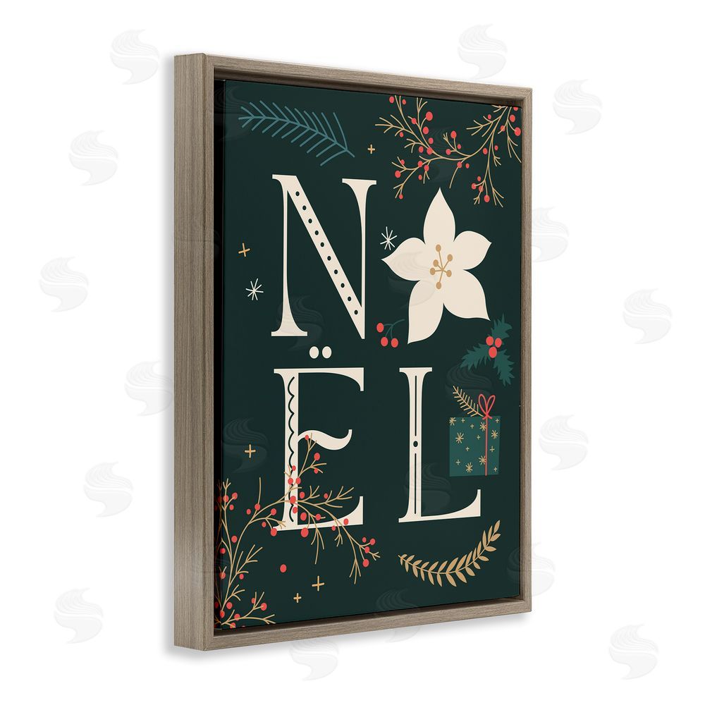 Stupell Studio Noel with Christmas Bloom Brown Floating Frame Canvas Wall Art Print
