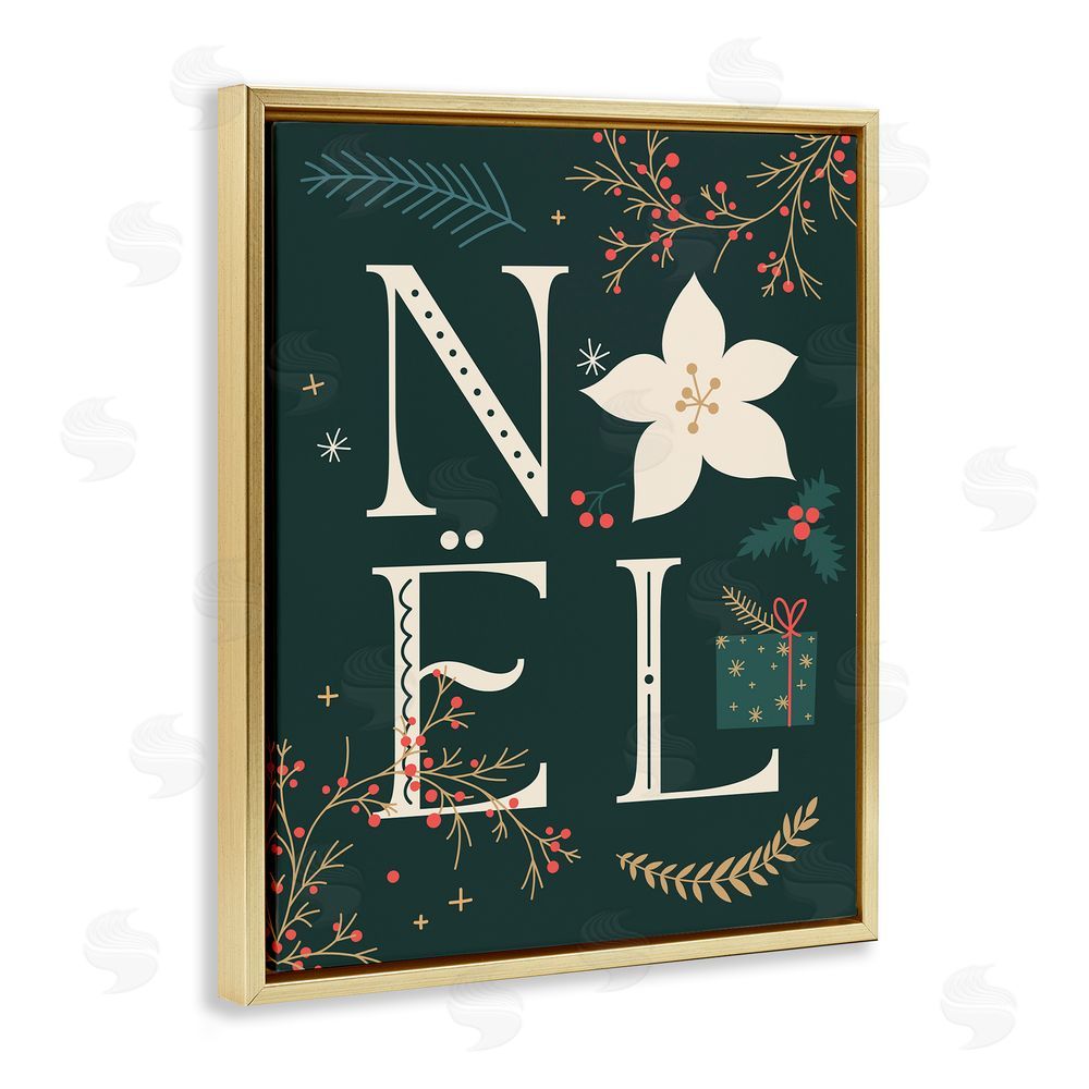 Stupell Studio Noel with Christmas Bloom Gold Floating Frame Canvas Wall Art Print