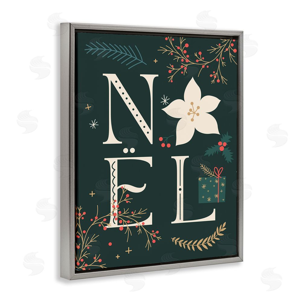 Stupell Studio Noel with Christmas Bloom Grey Floating Frame Canvas Wall Art Print