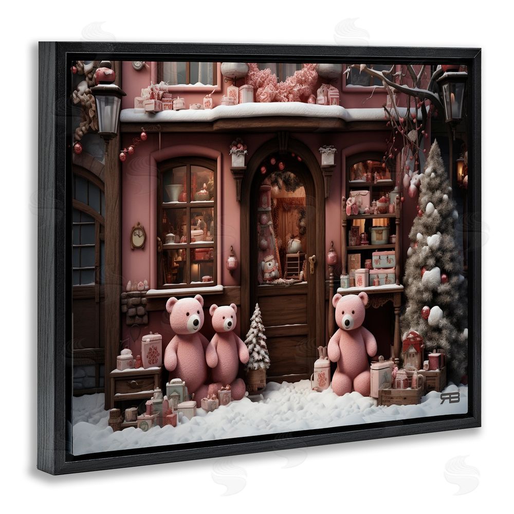 RB Christmas Shop with Bears Black Floating Frame Canvas Wall Art Print