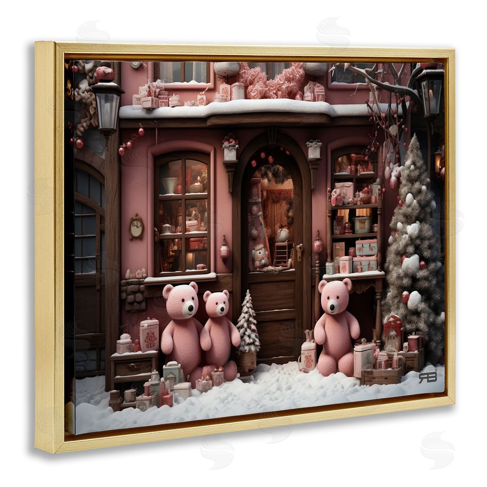 RB Christmas Shop with Bears Gold Floating Frame Canvas Wall Art Print