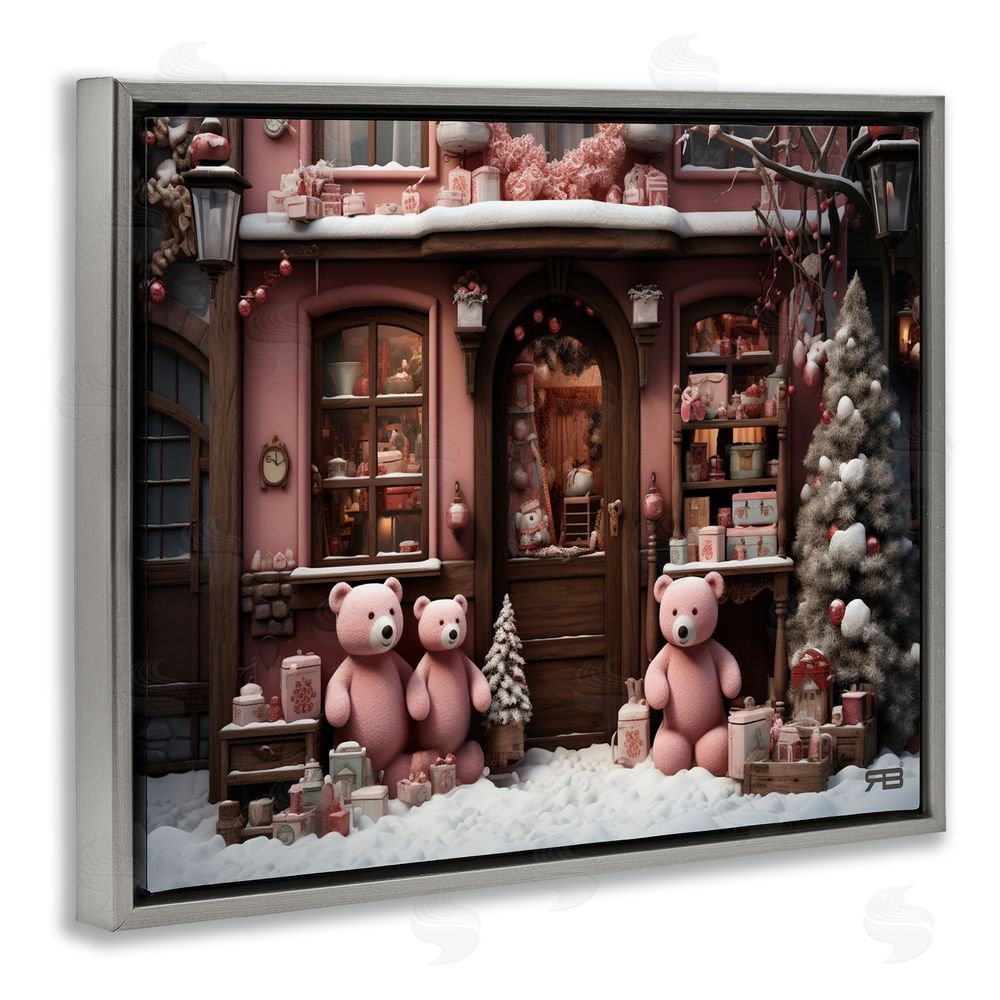 RB Christmas Shop with Bears Grey Floating Frame Canvas Wall Art Print