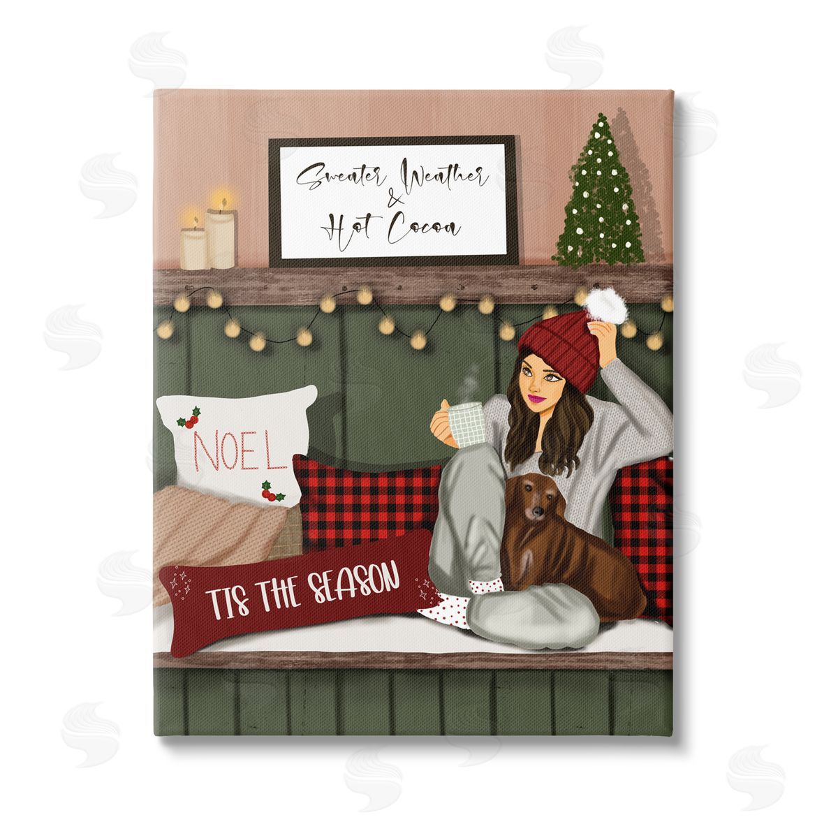 Saba Rauf Cozy Girl with Christmas Phrases Stretched Canvas Wall Art Print
