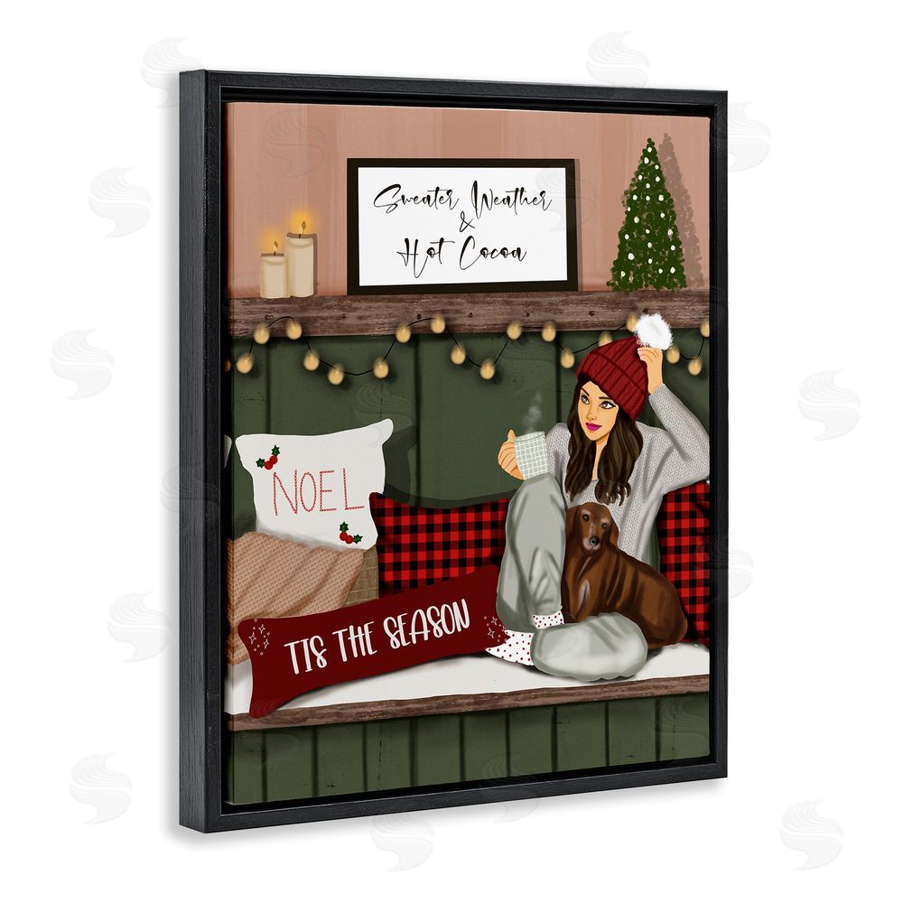 Saba Rauf Cozy Girl with Christmas Phrases Black Floating Frame Canvas Wall Art Print