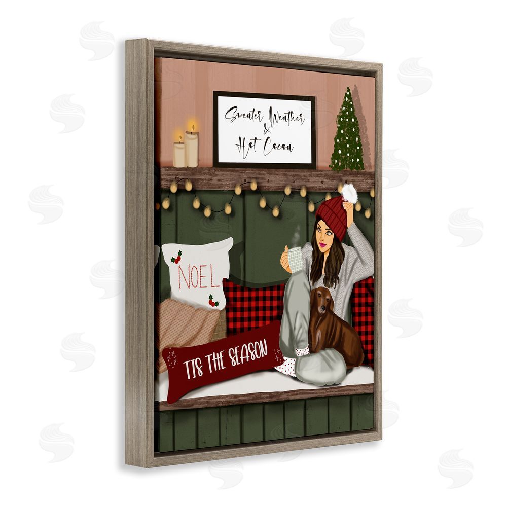 Saba Rauf Cozy Girl with Christmas Phrases Brown Floating Frame Canvas Wall Art Print