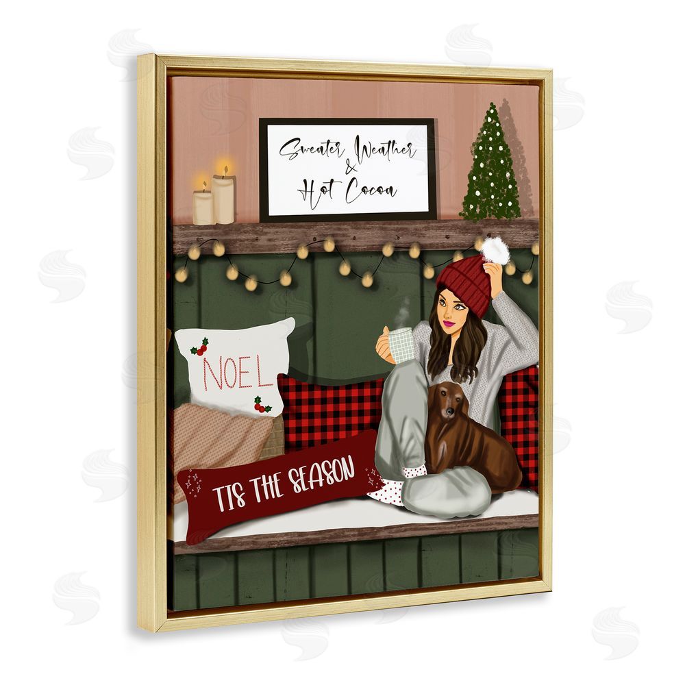 Saba Rauf Cozy Girl with Christmas Phrases Gold Floating Frame Canvas Wall Art Print