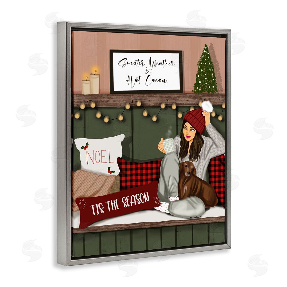 Saba Rauf Cozy Girl with Christmas Phrases Grey Floating Frame Canvas Wall Art Print